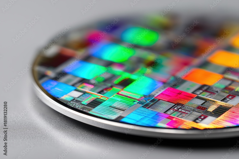 Obraz premium Closeup iridescent silicon wafer with detailed microchip grid from advanced semiconductor manufacturing technology