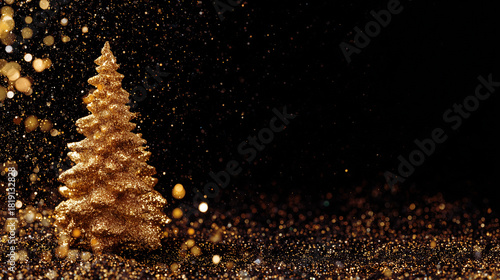 Golden decorated New Year and Christmas tree on the black background with gold glitter and dust. Elegant banner for holiday greetings, branding design, party announces and marketing sales.