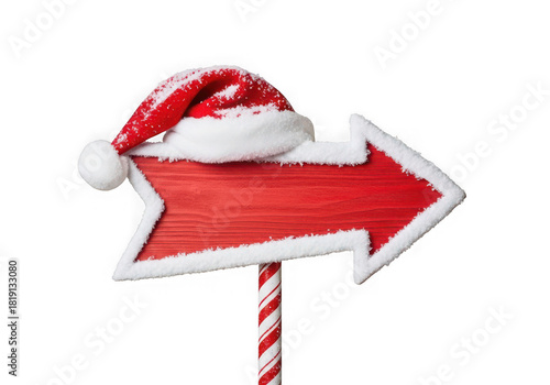 Red arrow sign a festive santa hat on a candy cane pole, pointing right, isolated on transparent background