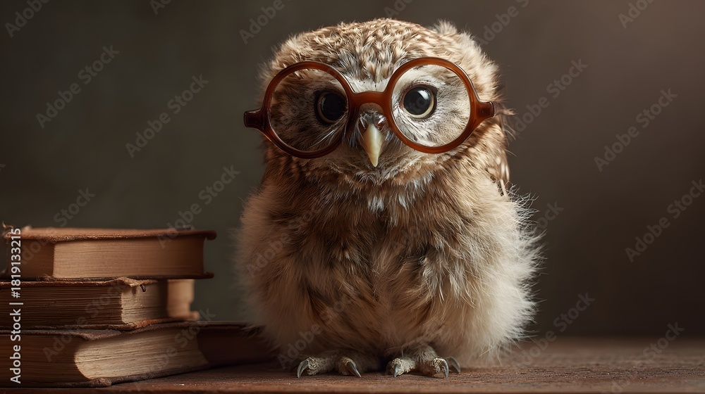 Obraz premium Adorable Baby Owl with Glasses Sitting Next to Stack of Books.