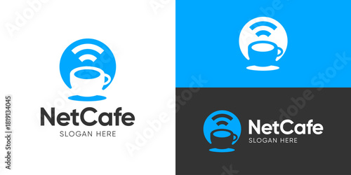 Creative simple net cafe logo template. Coffee cup, mug with wifi signals for modern cafe and restaurant  logo design vector illustration.
