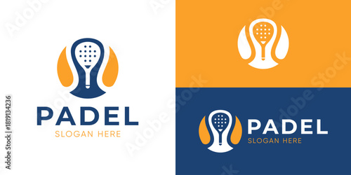 Creative simple padel logo template. Tennis ball with racket paddle symbol, sport logo design vector illustration.