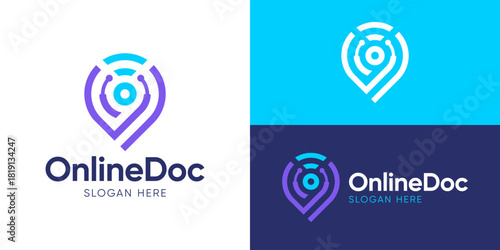 Creative modern online doctor logo template. Simple location with wireless signal and stethoscope for online medic logo design vector illustation.