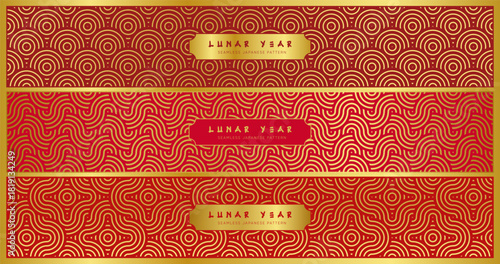 Lunar Year oriental seamless pattern set in red and golden line style. Japanese Chinese Korean wave and circle geometric ornament backgrounds for luxury festive decoration.