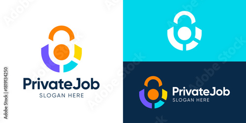 Creative simple private job logo template. Abstract lock with people person human leader for Safety job logo design vector illustration.