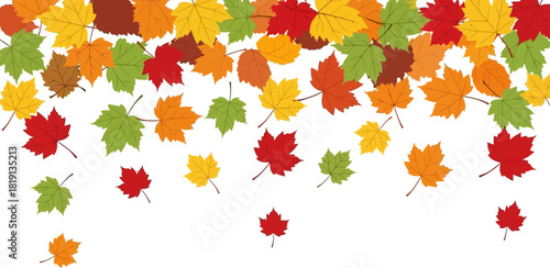 Vibrant autumn leaves in various fall colors falling against a clean white background, creating a seasonal border.