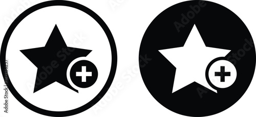 Add to favorite icon with star. Star rating and plus symbol. Mark as Favorite Icon. Save and prioritize content signs