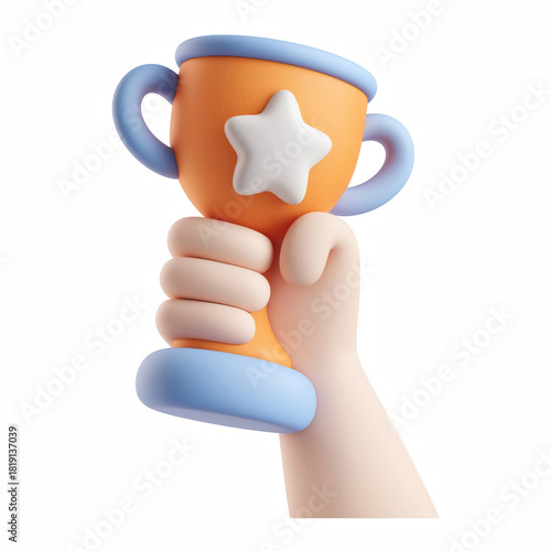 3D Hand Holding Trophy Cup, Winner Award Champion Success Achievement Icon, Isolated on Transparent Background