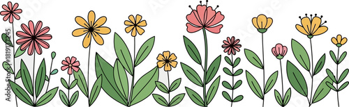 A charming illustration of a diverse garden border featuring stylized flowers with green leaves and blossoms in shades of pink, yellow, and coral against a clean white background.