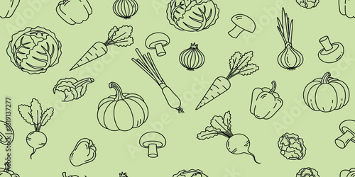 Seamless pattern of hand-drawn outline vegetables on a light green background, featuring carrots, cabbage, mushrooms, onions, pumpkins, bell peppers, and radishes.