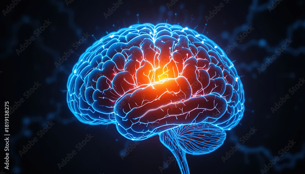 Obraz premium Stunning digital brain illustration showcasing intelligence and innovation in glowing blue and orange, perfect for science and technology projects