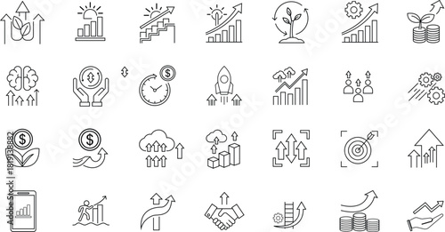 Business Growth and Finance Line Icon Set – Analytics, Investment, Startup and Profit Strategy Symbols
