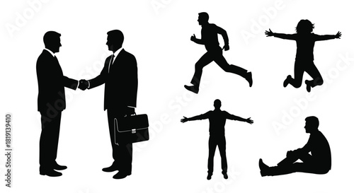 Silhouettes depicting business interactions joy and moments of contemplation