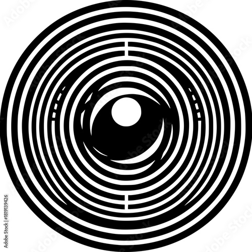 Intriguing Eye Spiral: A black and white, mesmerizing spiral pattern converges into the shape of an eye, drawing viewers into a captivating visual experience.