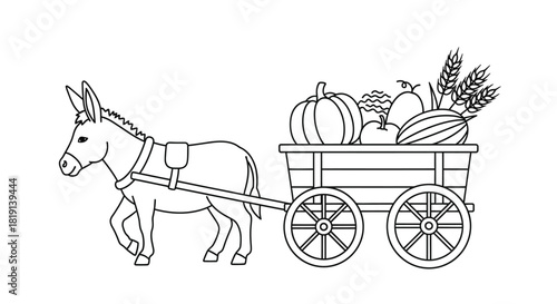 A donkey pulling a cart filled with pumpkins wheat and other produce