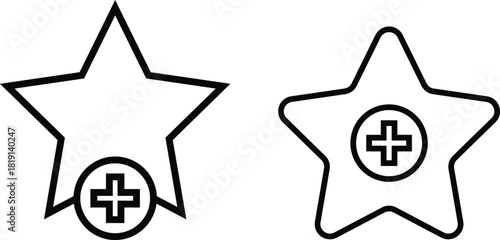 Add to favorite icon with star. Star and plus symbol. Priority content and bookmark signs. Mark as Favorite Icon 
