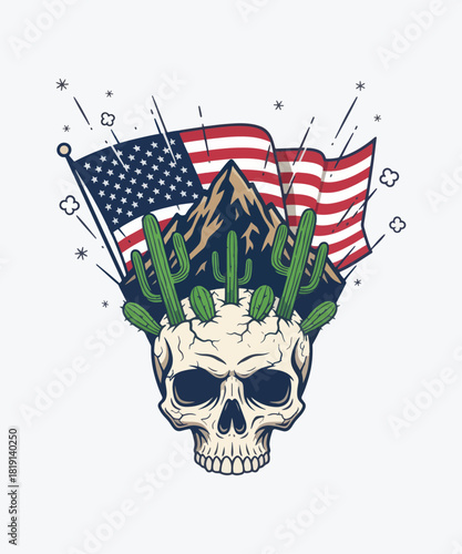 American pride skull with cactus mountain background graphic design for patriotic themes and celebrations honoring national identity and strength