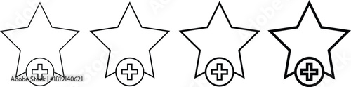 Add to favorite icon with star. Star and plus symbol. Priority content and bookmark signs. Mark as Favorite Icon 
