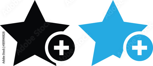 Add to favorite icon with star. Star rating and plus symbol. Mark as Favorite Icon. Save and prioritize content signs