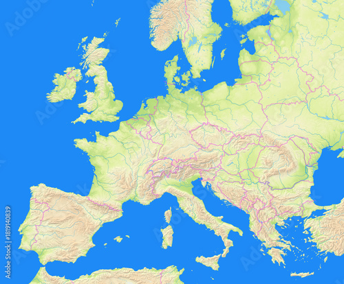Map of Central Europe showing the region with relief representation, rivers, lakes and administrative boundaries. No labels at all.