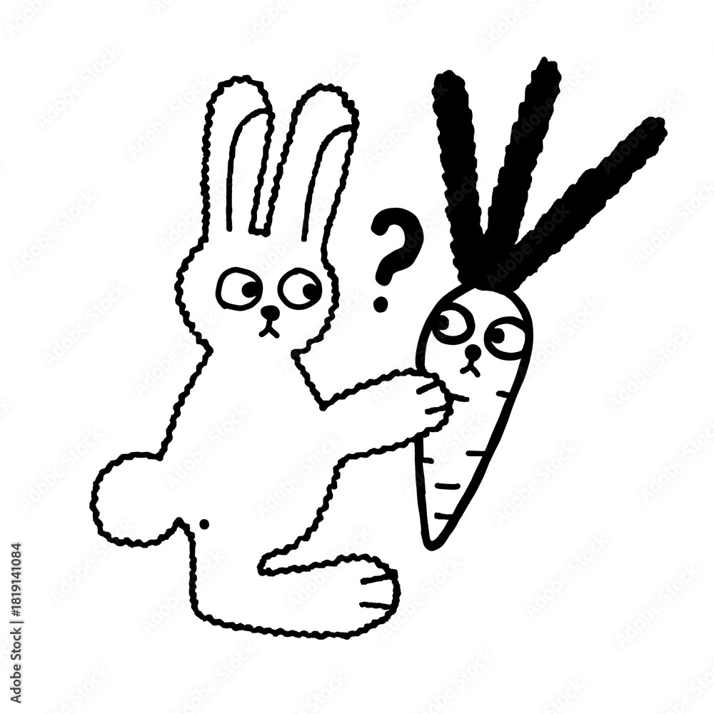 Fototapeta premium Edgy Line Art Rabbit Confused by Sentient Carrot