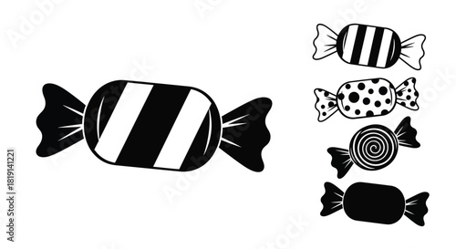 Black and white illustration of various shaped candies arranged in a column