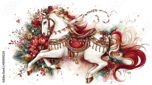 Elegant Christmas Carousel Horse with Festive Floral Decorations – Watercolor Holiday Vintage Illustration