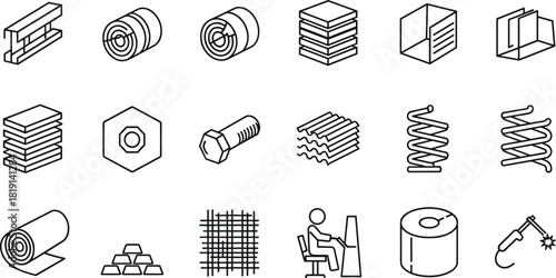 Heavy Industry and Engineering Vector Line Icons Set, Including Metal Production, Rolled Steel, Spring, Nut, Bolt, and Welding for Manufacturing Concepts