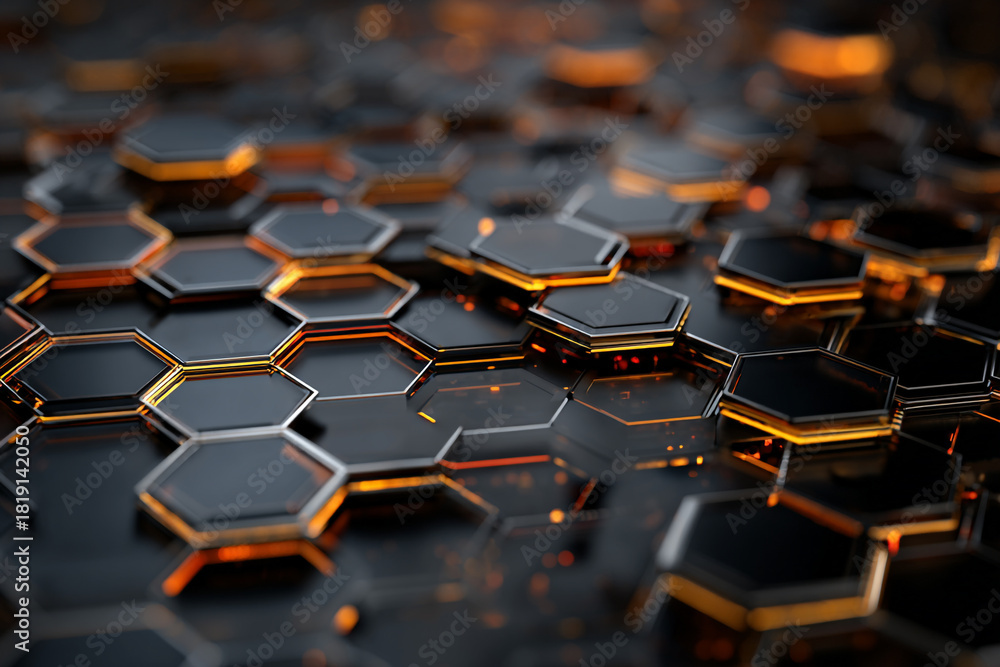 Fototapeta premium A vibrant abstract pattern of dark hexagonal shapes with glowing orange edges on a blurred dark background creating a futuristic digital technology mosaic design