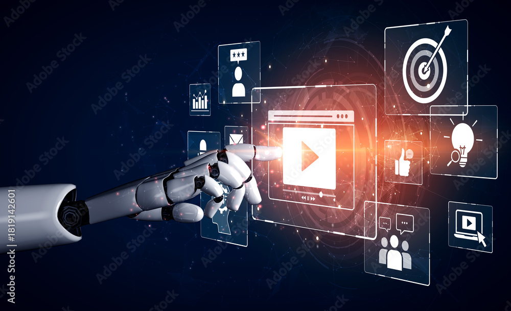 Obraz premium AI drives video marketing success using content analytics, smart campaign tools, and engagement tracking to connect with audiences effectively. Artificial intelligence spline