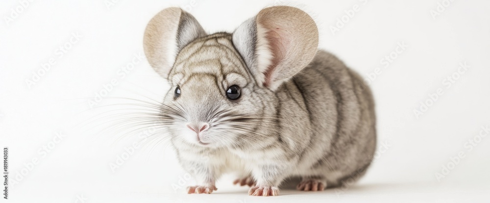 Obraz premium This light grey chinchilla stands against a white background, displaying its fluffy coat and bright eyes. A close-up captures the animal's playful demeanor and adorable features