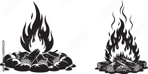 campfire bonfires with flames and wood logs silhouette, Stylized campfire silhouette flame on wood logs vector