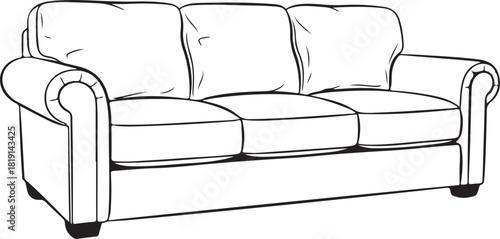 Detailed black and white illustration of a classic three -seat sofa, Sectional sofa design, three seat sectional sofa.