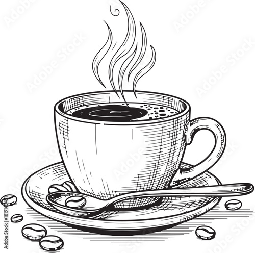 black hand-drawn sketch of a steaming hot cup of coffee on a saucer. line art sketch of coffee cup illustration in black vector