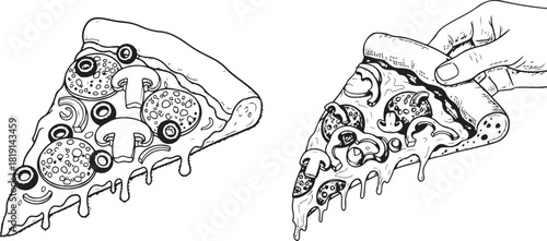 Black Hand-drawn melting cheese pizza slice illustration. Hand drawn slice of mushroom pizza with dripping cheese,