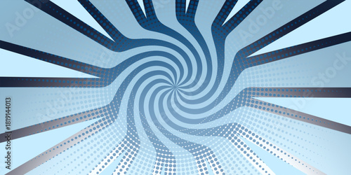 Blue Abstract Comic Book Style Background with Hypnotic Swirl Spiral and Halftone Dots for Dynamic Speed Effect