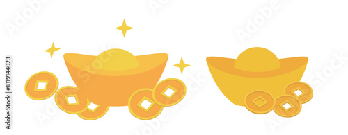 Chinese gold ingots and coins flat vector illustration set.
Gold Ingot yuanbao and coins icon element.
White background.