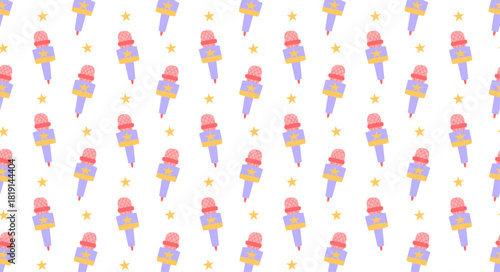 Seamless pattern cute pop microphones decorated with star. Microphone with star interviews with Korean bands. Fashionable, colorful flat texture for music, backgrounds, textiles, packaging, design