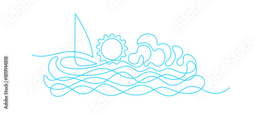 Abstract clouds, sun, sea and ship. Travel emblem