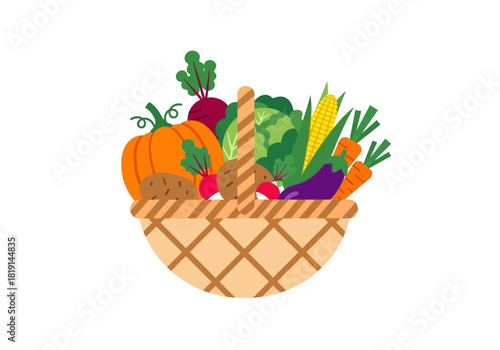 Vibrant assortment of fresh farm produce artfully arranged in a traditional wicker basket, symbolizing healthy eating, seasonal harvest, and wholesome food preparation