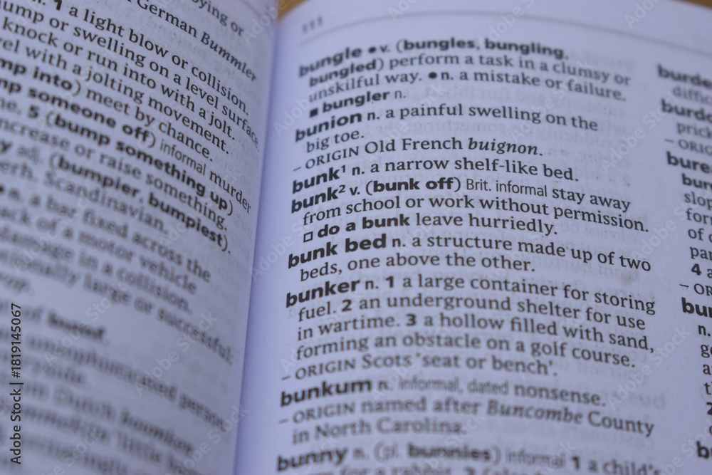 Fototapeta premium Definition Of English Dictionary Close Up Of Page With Word - bunk bed