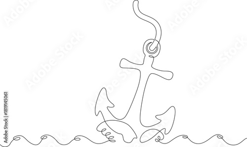 Continuous single line drawing ship's anchor is lowered into the water.Linear . One continuous line isolated minimalist illustration. Not AI.