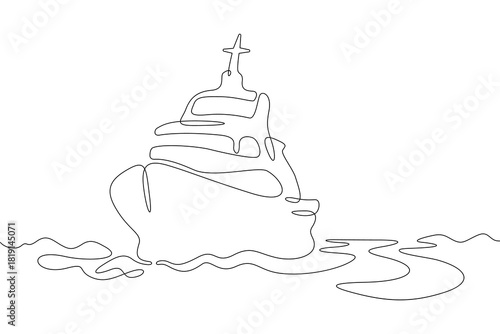 Continuous single line drawing a ship sailing on the waves. A sea yacht. A boat.Linear . One continuous line isolated minimalist illustration. Not AI.