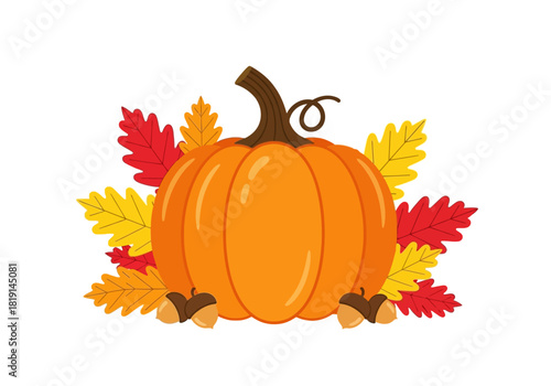 A vibrant autumnal pumpkin illustration surrounded by colorful fall leaves and small acorns, perfect for seasonal harvest celebrations and festive designs