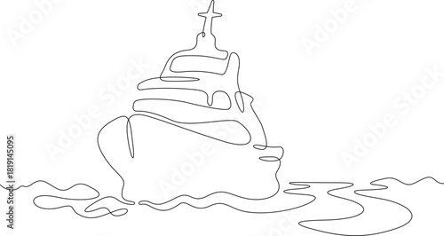 Continuous single line drawing a ship sailing on the waves. A sea yacht. A boat.Linear . One continuous line isolated minimalist illustration. Not AI.