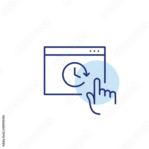 Web page with clock and finger click. Online session timeout. Pixel perfect, editable stroke vector icon