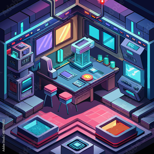 Futuristic isometric laboratory with glowing screens and equipment