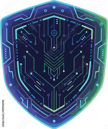 Futuristic cybersecurity shield with circuit-line patterns, glowing edges, tech details, clean vector arrangement on a white background