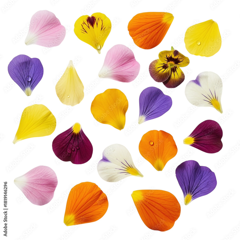 Fototapeta premium Colorful Pansy Petals Displayed on Black Background for Floral Design and Springtime Concepts with Freshness and Vivid Colors