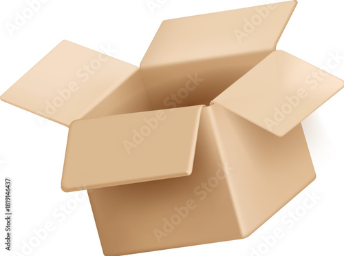 A detailed 3D vector illustration of an open empty cardboard box, perfect for concepts like shipping, moving, and delivery
